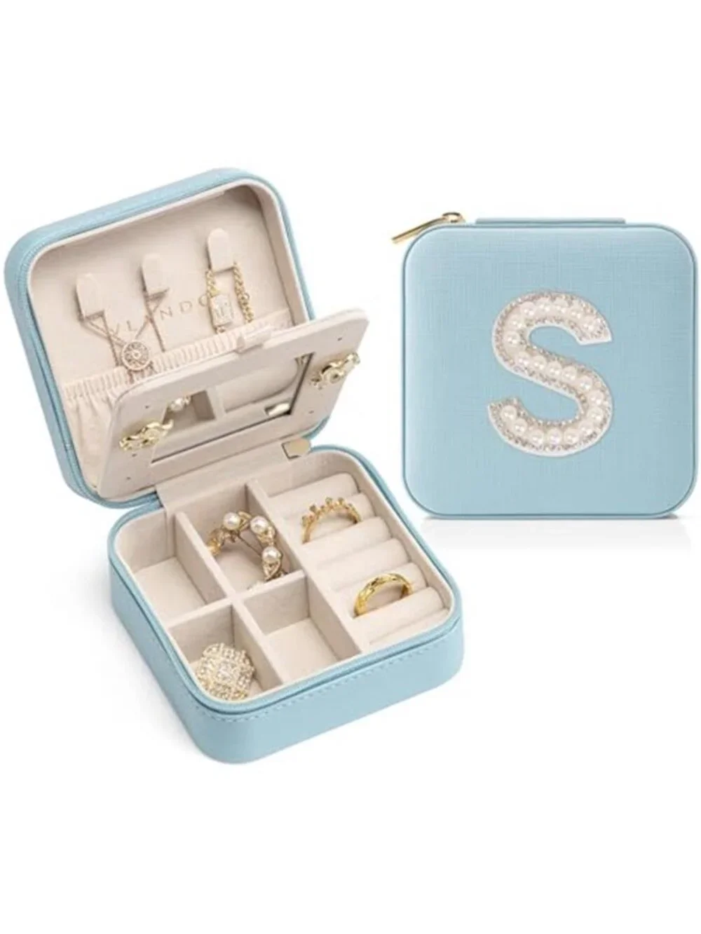 Blue Travel Jewelry Box Small Organizer Case Ring Earring Necklace Storage Case